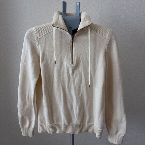 L-RL Ralph Lauren Half-Zip Sweater M Cream Cotton Drawstring Collar Textured Kni - Picture 1 of 5